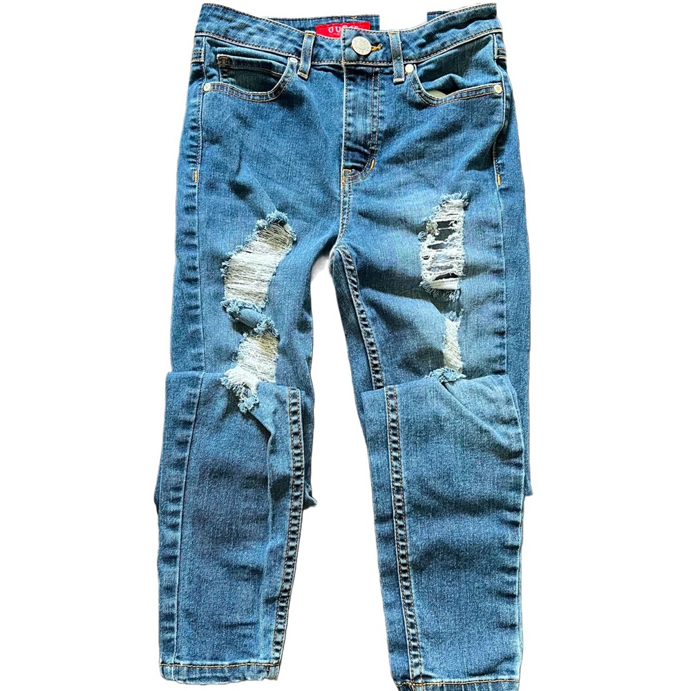 GUESS VINTAGE MEDIUM WASH MID RISE DISTRESSED SKINNY JEANS SIZE 24